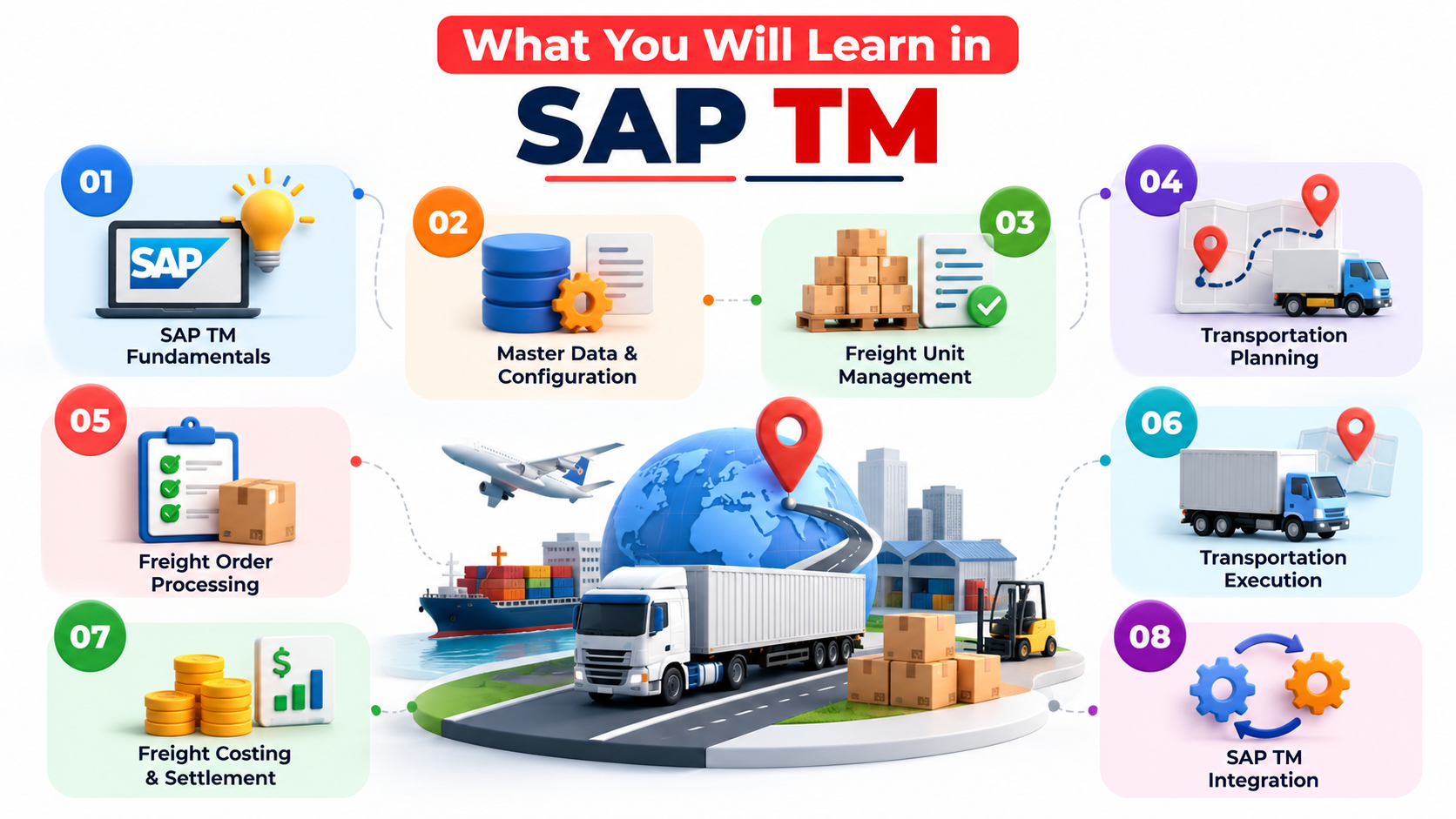 What You Will Learn in SAP TM Training – SAP TM Fundamentals, Master Data and Configuration, Freight Unit Management, Transportation Planning, Freight Order Processing, Transportation Execution, Freight Costing and Settlement, and SAP TM Integration.